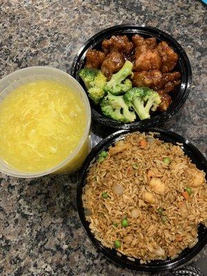 Chicken corn soup, general tso chicken and shrimp fried rice