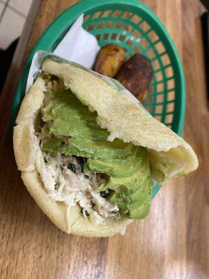 Reina Arepa with side of Fried Plantains