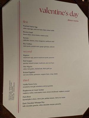 Valentine's Day pre-fixe menu