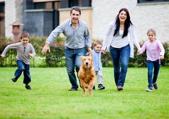 Family Playing With Dog at Dog Kennel