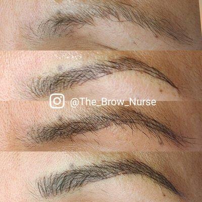 Top: natural brows
2nd: first hand tool microblading session
3rd: healed microblading
Bottom: after the complimentary follow up.