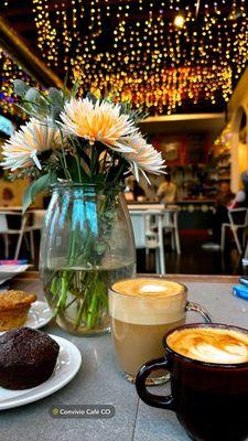 Triple chocolate and glazed apple spice muffins, oat milk latte and caramel latte