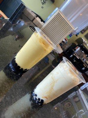 Mango smoothie w/boba & pina colada w/boba.