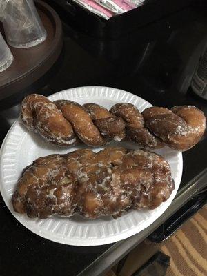 Chocolate and banana (I think) twist and apple fritter.