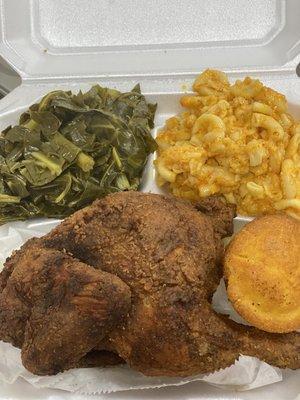 Fried 1/2 Chicken mac&cheese Collard Greens & cornbread