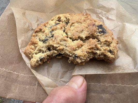 Big peanut butter ore cookie. Thumb attached to show scale.