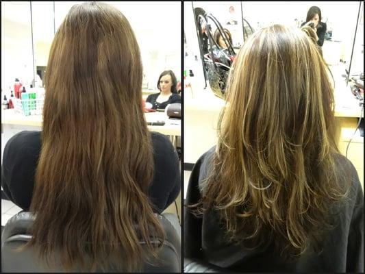 Before & After of an all over color + partial highlights w/cut by Stephanie Chase