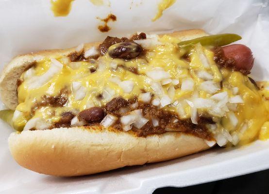 The "dinger" ($10): a chili cheese dog with a tamale inside, topped with onions & sport peppers. Very heavy