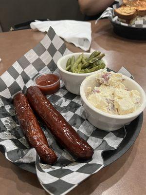 1/2 lb smoked sausage with fresh green beans and potato salad