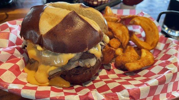 Mush N Cheddar Melt burger and fries.