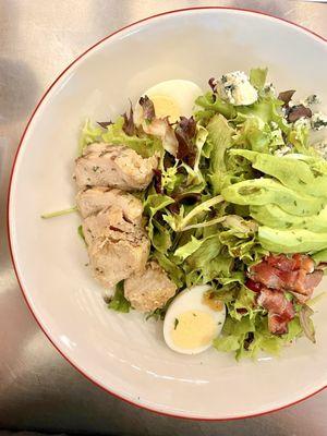 Winery Country Cobb. Fresh mix of salad, tomatoes, bacon, blue cheese crumbles, avocado, and tender (chilled) chicken.