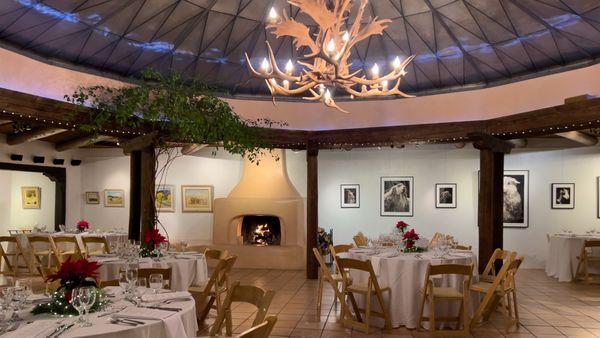 Set up for a dinner party in the atrium.