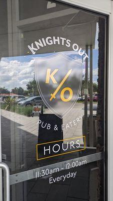 Knights Out Pub & Eatery is open 11:30am to 12am everyday! Happy Hour is 3-7PM Mon-Fri.