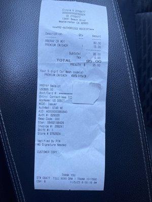 Receipt of todays purchase (gas/car wash)