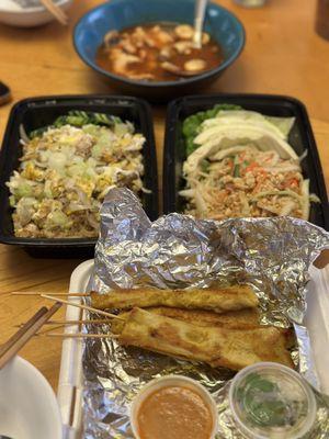 Yummy thai lunch which i had: crabmeat fried rice, tomyum soup, mango salad and chicken satay