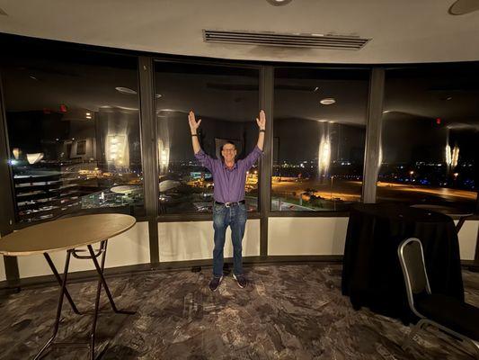 I finally made it up to the long-abandoned used-to-rotate restaurant on top of the Marriott! They will rent it out! Amazing views!