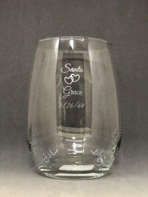 Engraved stemless wine glass