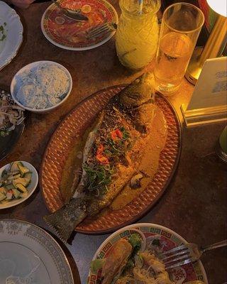 Fried whole branzino