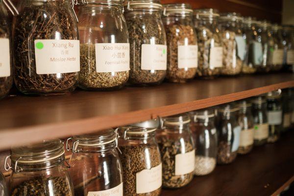 Raw herbs in our onsite Herbal Pharmacy.