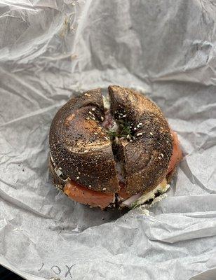 Marble rye bagel with lox