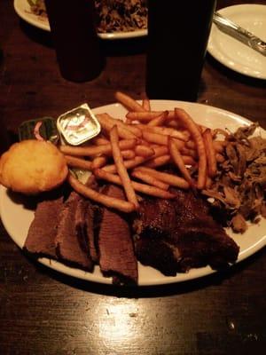 3 meat combination with fries & a delicious corn muffin!