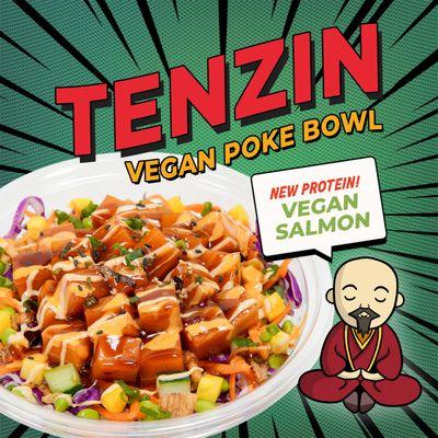 This is a one-of-a-kind Vegan Poke Bowl. It features edamame, purple cabbage, pickled carrots, vegan salmon, and Vegan white and sweet soy.