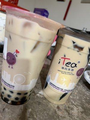 Oolong Milk Tea w/ Boba,  Signature Pudding Milk Tea + Grass Jelly