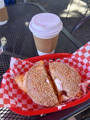 El Dicho bagel and Oatmilk latte