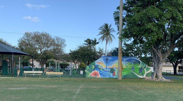 Fun art on the walls by the exercise area.