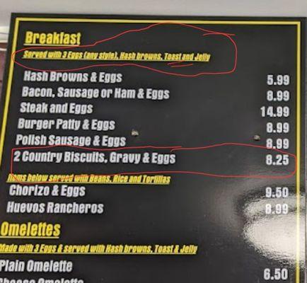 Clearly states on the menu that the 2 country biscuits, gravy, & eggs comes with toast.