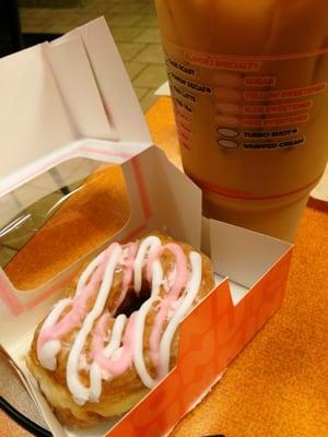 Iced Hazelnut Coffee and a Strawberry Shortcake Croissant Donut