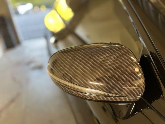 High gloss carbon fiber wrapped mirrors