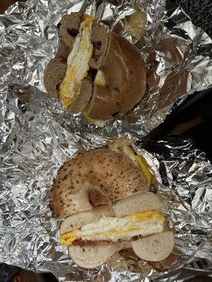 Everything Bagel with Bacon, Egg, and Cheese  Cinnamon Raisin Bagel with Butter and Egg