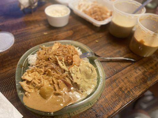 Pad Thai Noodles, yellow curry with chicken and red chicken curry with rice!