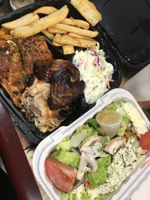 Salmon, Chicken, Coleslaw, Steak Fries And Rice!! And a side salad. I had enough left over for lunch the next day. Thanks Max and Family.