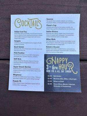 Cocktails and happy hour drink menu