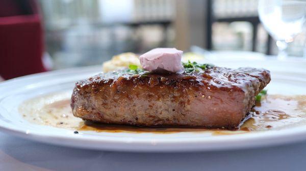 *Prime Aged New York Steak, Cabernet Butter, Potato Gratin, French Green Beans  Additional $24