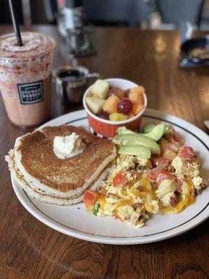 Anaheim Scrambler, with side of Buttermilk Pancakes, and iced truffle mocha