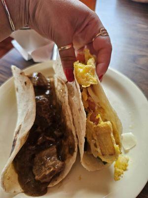 Egg and potato and a Carne quisada taco.