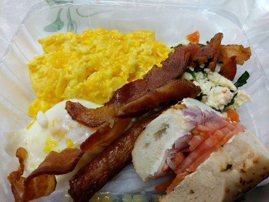 Scrambled eggs, turkey/spinach/tomato egg whites, bacon, sausage, and a quarter bagel with lox.