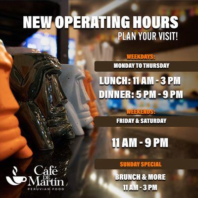 We've fine-tuned our operating hours to better fit your lifestyle. So, whether you're craving an early lunch, a satisfying dinner, or lookin