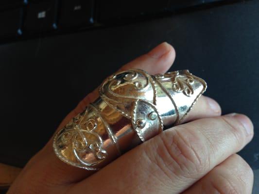 Silver armour ring repaired with new post in the knuckle joint