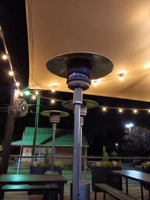 Heaters on the patio are going on a chilly November evening.