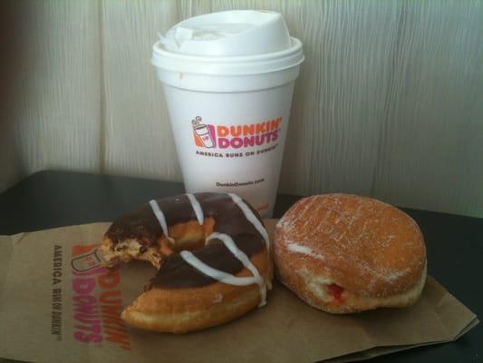 A Chocolate Marble and Raspberry Jelly Donut, and a Coffee.