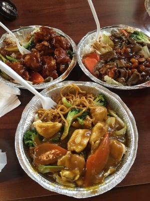 General Tso's chicken, curry chicken with lo mein, and Kung pao beef!