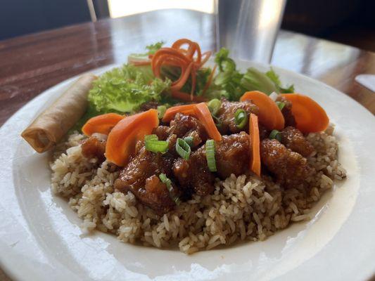 Orange chicken over Fried rice