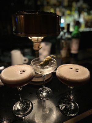 Dirty gin martini and espresso martini