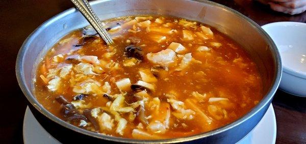 Hot & sour soup; loaded with shrimp, chicken and tofu.