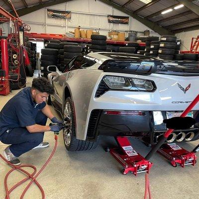 Brake Repair Service for a Corvette at Moe's Tire Service in San Bruno, CA.