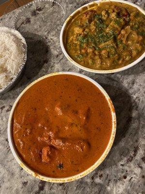 Madras Veggie Curry (top right) SO HEARTY! Yum Butter Chicken Masala (bottom left) LOADED w/chicken!